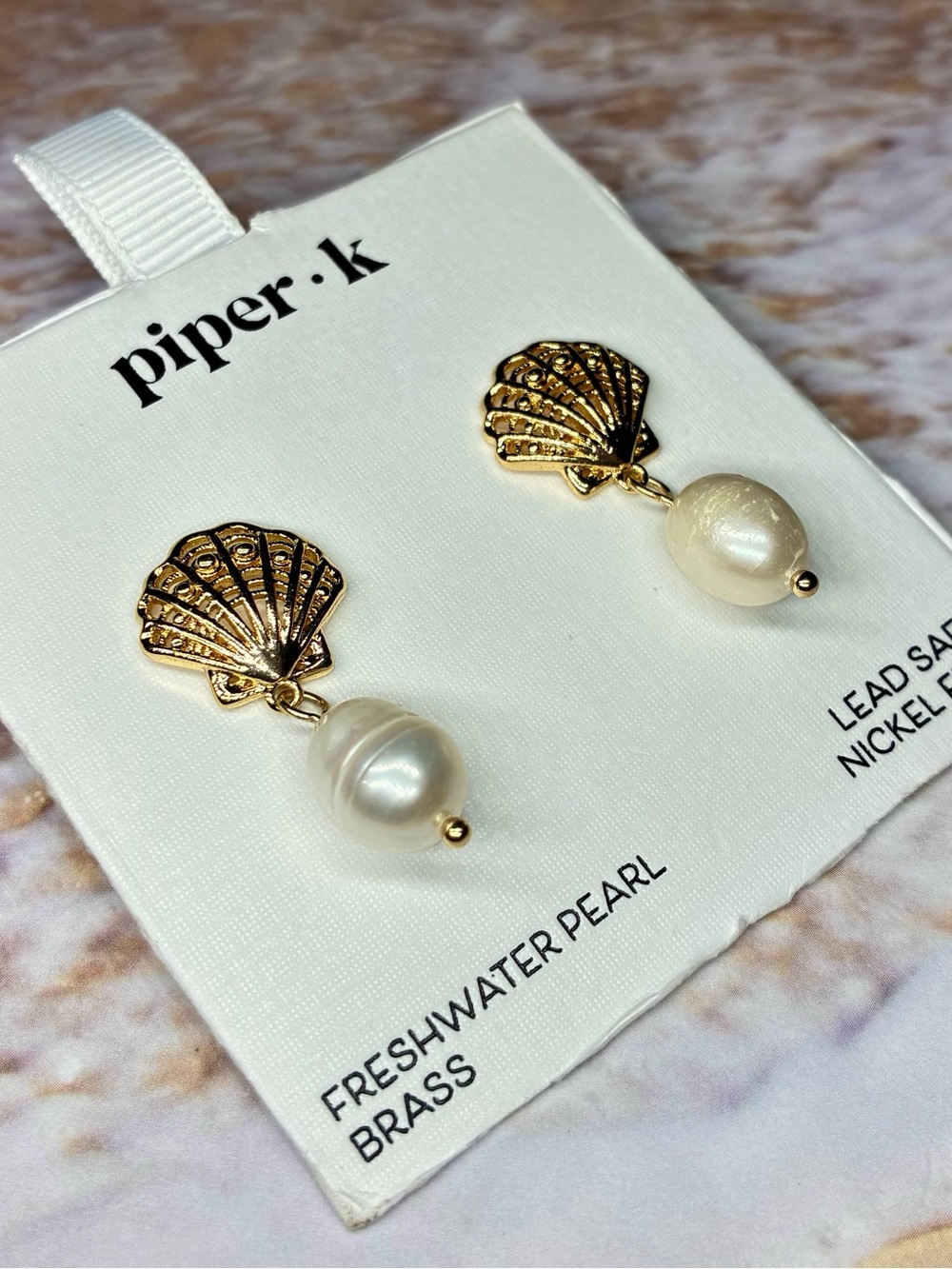 Piper k Gold Shell Freshwater Pearl Drop Earrings NEW - Picture 2 of 4